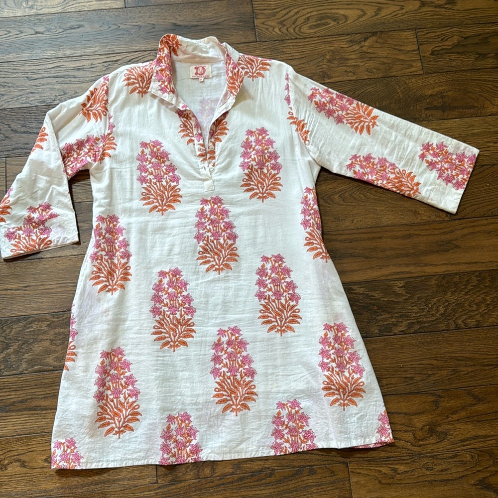 Women’s White Tunic Dress with Pink & Orange Floral Print